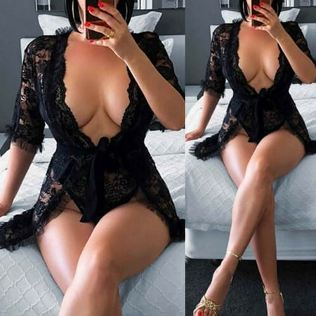 - Women's Eyelash Lace Babydoll Lingerie Mesh Nightwear Set Sheer Nightgown Dress