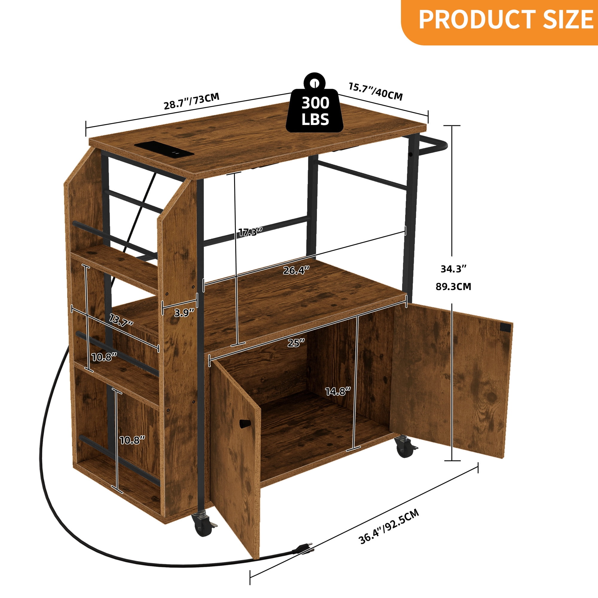 Craftian Kitchen Storage Cart Trolley with Storage Shelves, Kitchen Island Cart with Power Outlets & Doors, Brown