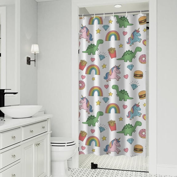 White Cartoon Dinosaurs Unicorns Pattern Shower Curtain 36"x72" ,Bathroom Decorative Shower Curtains Set with 12 Hooks,Modern Waterproof Washable Shower Curtain