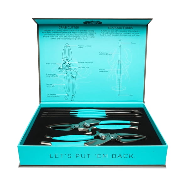 Toadfish Crab & Lobster Seafood Tool Set - 2 Shell Crackers With Cutters & 4 Multi-Use Forks - Non-Slip Grips - Stainless Steel - Built-In Bottle Ope