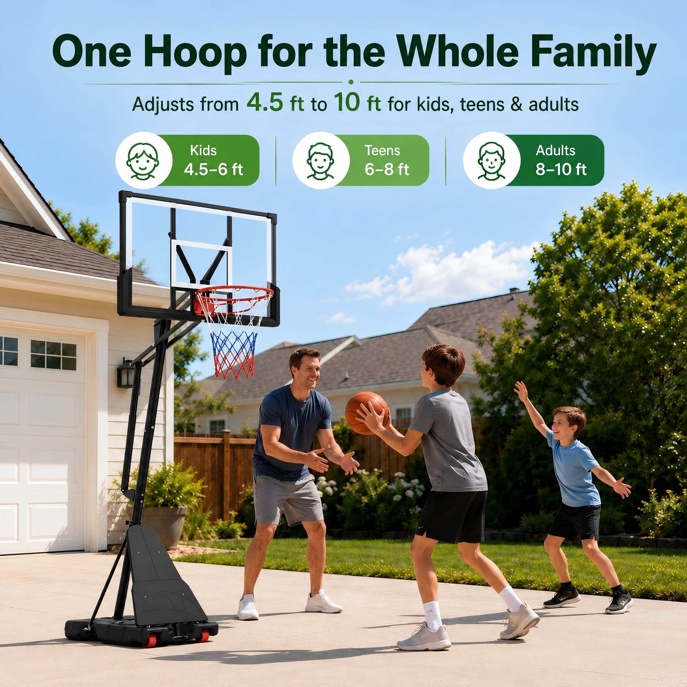 GVDV Portable Basketball Hoop with 44" Shatterproof Backboard, Adjustable Height 4.5-10 ft for Kids, Teens & Adults, Indoor and Outdoor Use​
