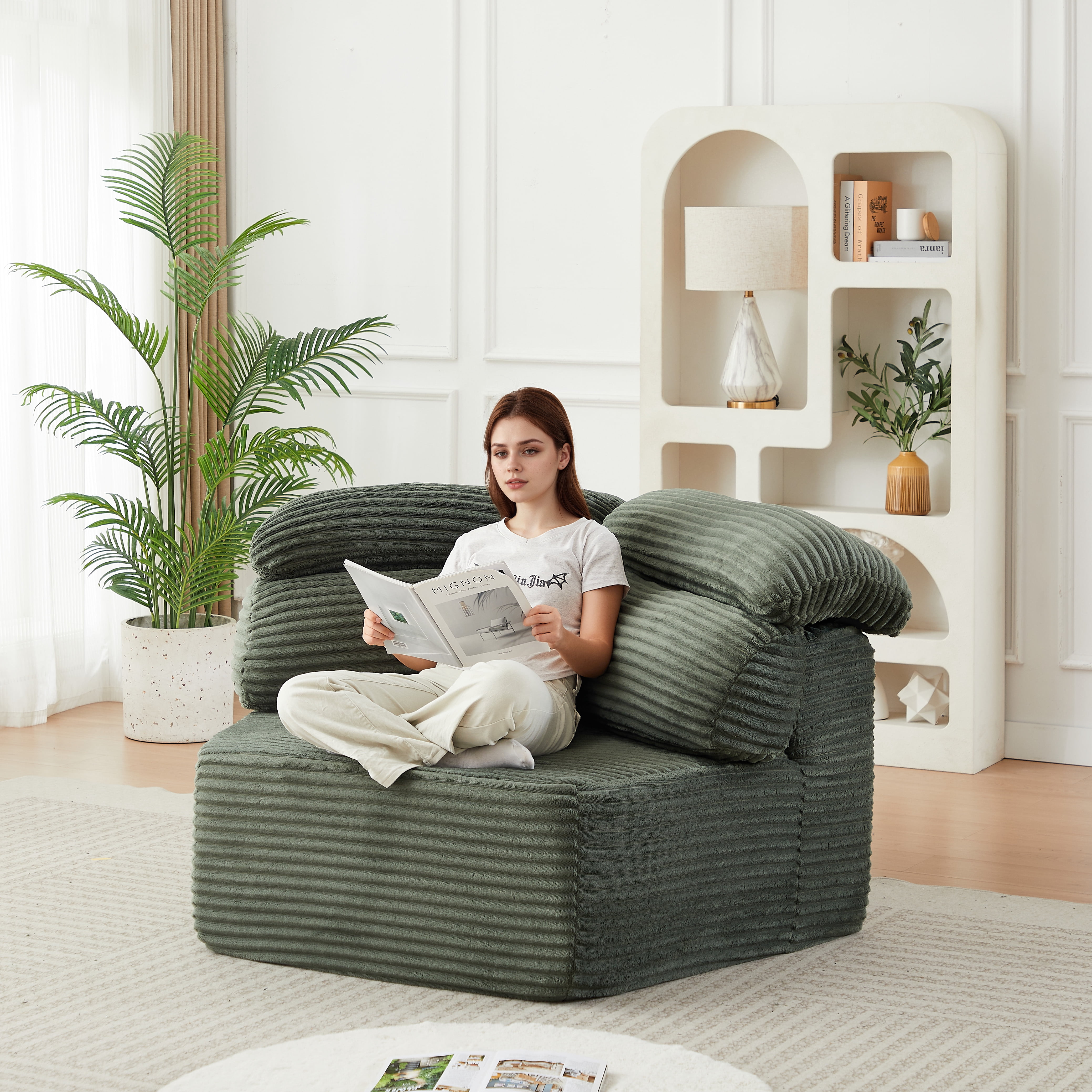 Leumius 53" Single Sofa,Oversized Modular Sofa Lounge Chair with Stylish Envelop Sesign Pillow,Pentagonal Sofa Boneless Couch for Living Room,Green Corduroy
