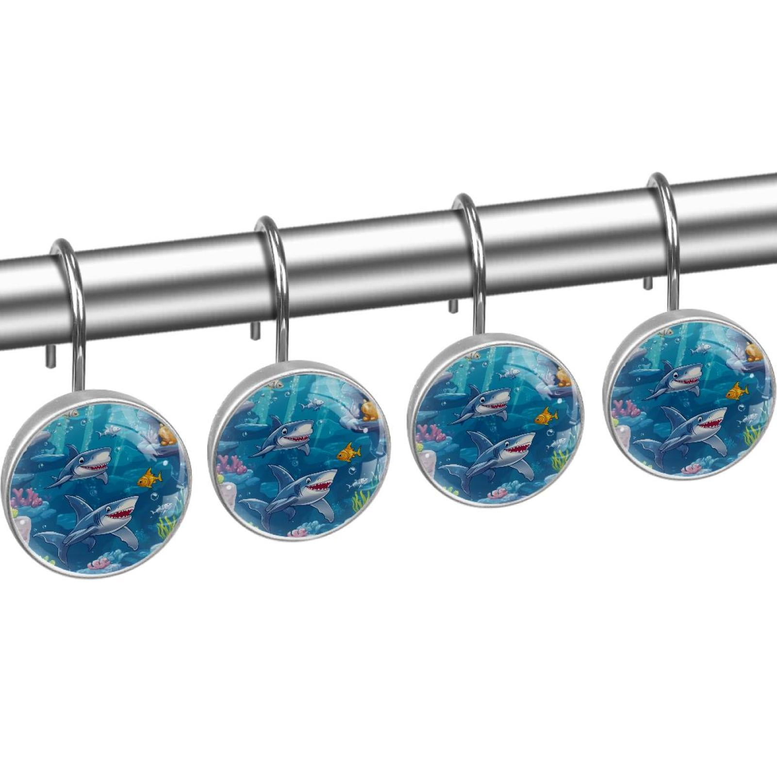under Sea Sharks Fishes Shower Curtain Hooks Round Crystal Glass, Set of 12 Shower Curtain Rings - Shower Hooks for Curtain Shower Rings