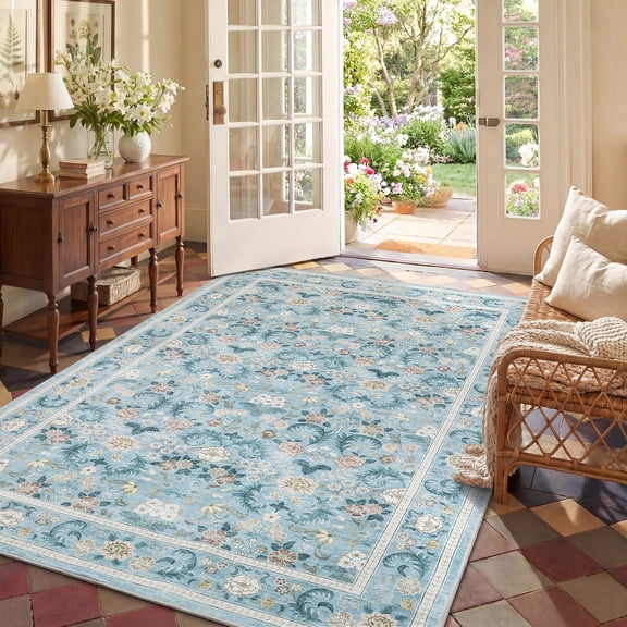 Nanan 8'x10' Vintage Floral Ornate Washable Indoor Area Rug, Stain Resistant Low Pile Traditional Carpet for Living Room Bedroom Dining Room, Beige Camel