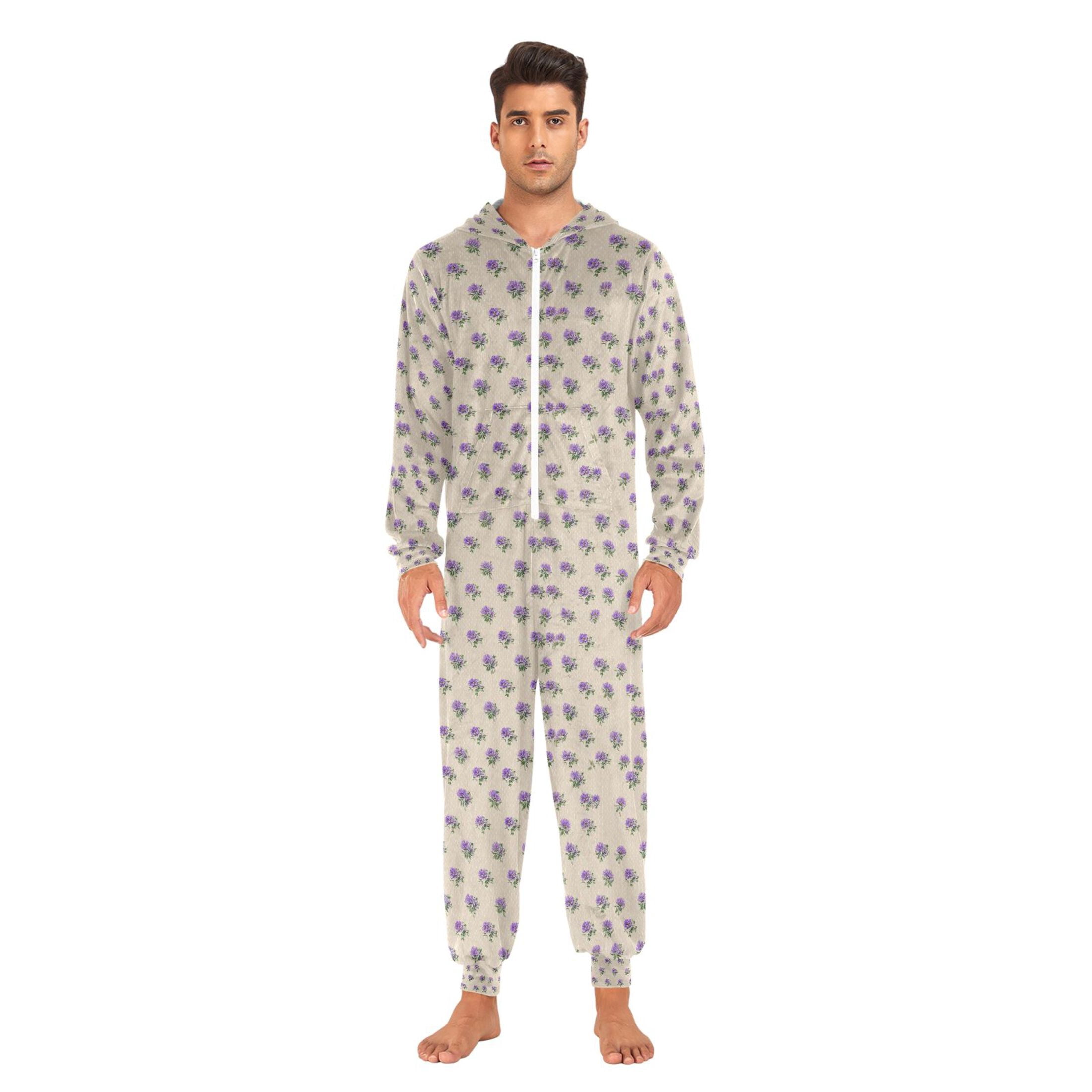 Adult Christmas Onesie Lilac Color Flowers Adult Zipper One-Piece Pajamas Unisex Pajamas with Pockets