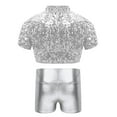 thumbnail image 2 of renvena Kids Girls Short Sleeves Sparkly Crop Top and Shiny Metallic Short for Cheerleading Performance Silver 10, 2 of 7