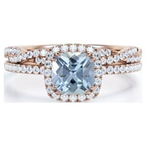 JeenMata Halo Prong Set - 1.50 Carat Cushion Cut Seafoam Created Aquamarine and Moissanite - Pave Twisted Infinity Wedding Ring Set - 18K Rose Gold Plating over Silver