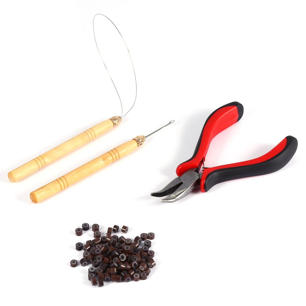 WALFRONT 100PCS Silicone Beads Hair Extension Micro Rings + Hook Needle + Pulling Loop + Plier Tool Kit ,Hair Extension Rings, Plier