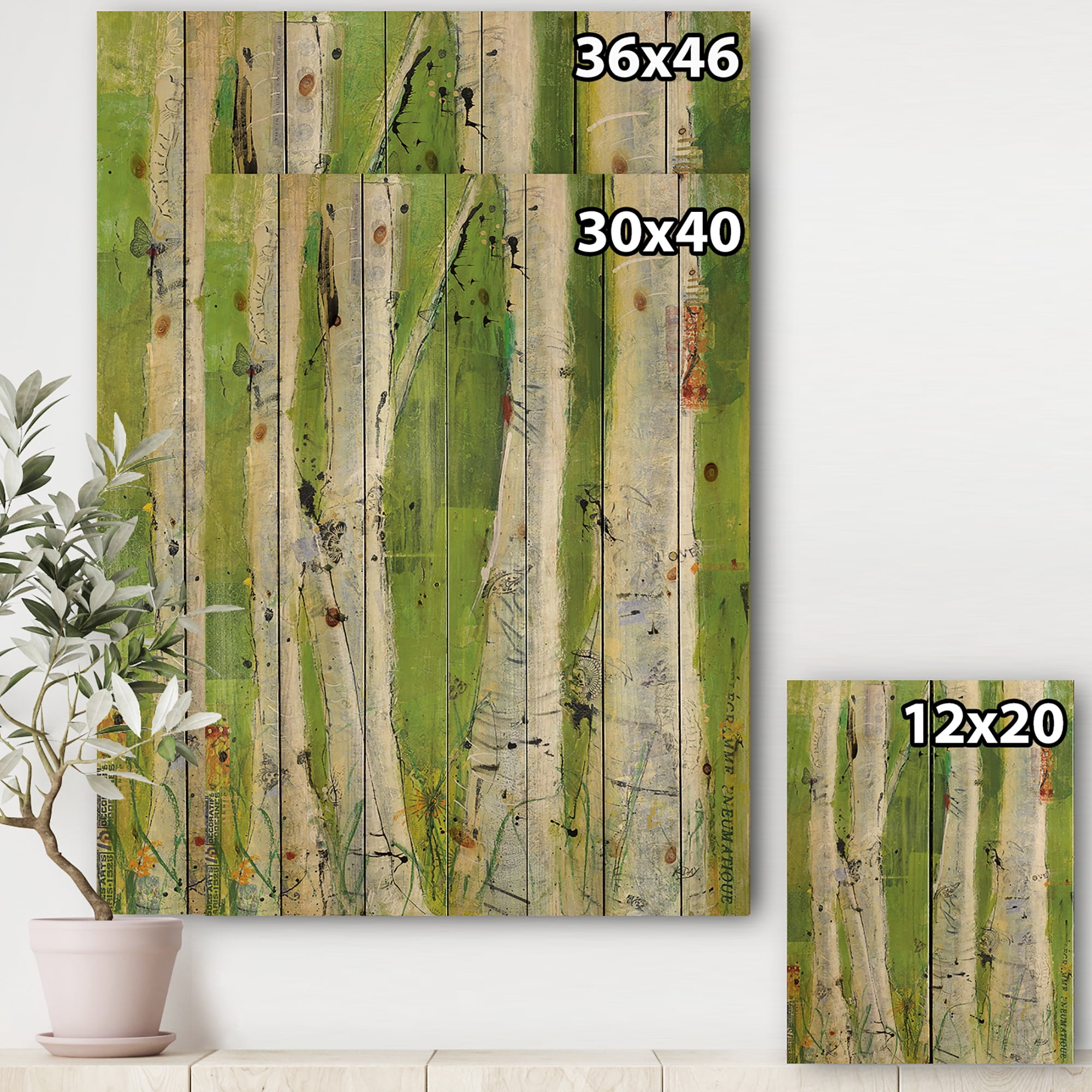 Designart 'Green Birch Forest Illustration' Traditional Print on Natural Pine Wood