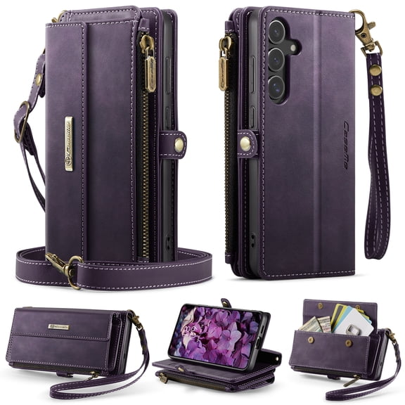 Allytechgroup Wallet Case for Samsung Galaxy S25 FE with Credit Card Slot, RFID Blocking PU Leather Flip Case with Shoulder Strap Wrist Strap Compatible with MagSafe Shockproof Cover, Purple