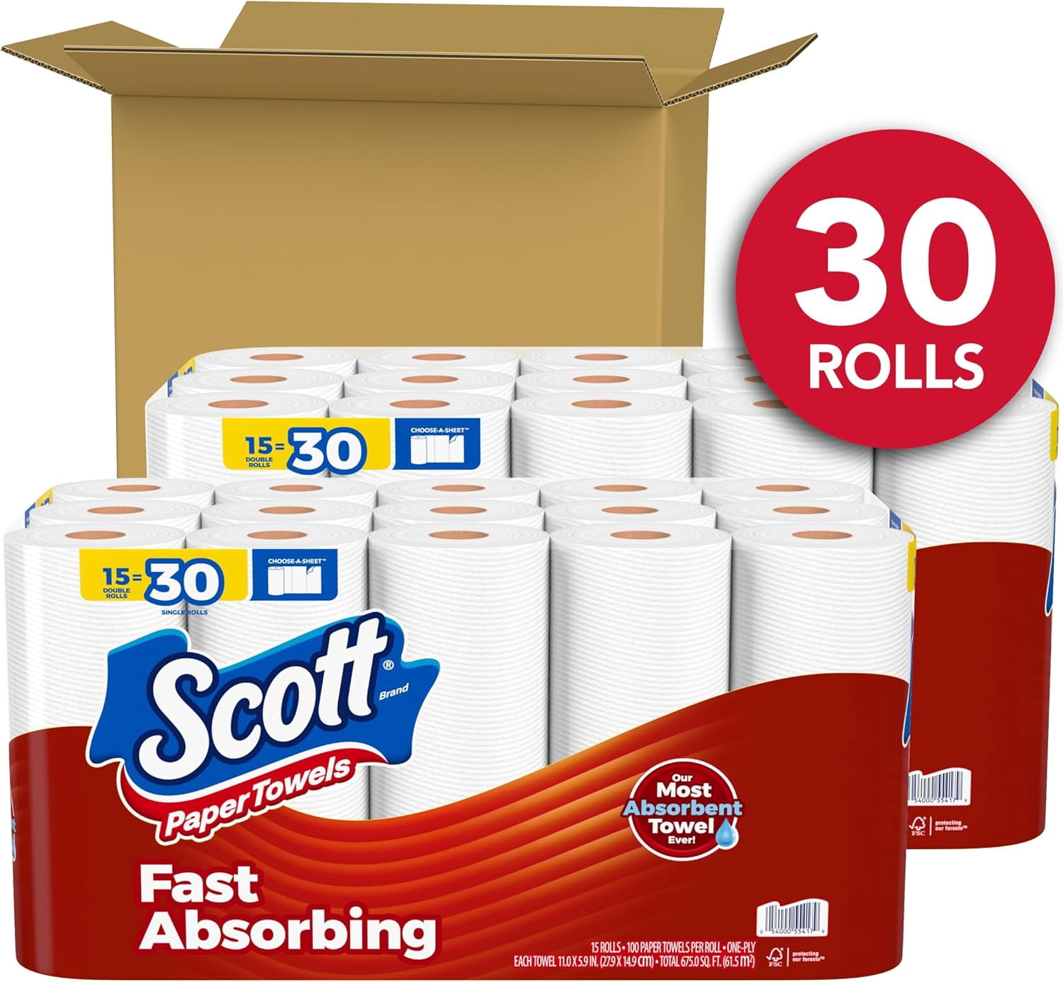Paper Towels, Choose-A-Sheet, 30 Double Rolls (2 Packs of 15) = 60 Regular (100 Sheets Per Roll)
