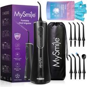 MySmile LP211 Portable Water Flosser Cordless for Teeth Braces, Electric Water Dental Flossers with 10pc Mouthwash, Oral Irrigator, IPX7, 5 Modes, 8 Jet Tips, 260ml Tank, 1 Travel Bag, Black