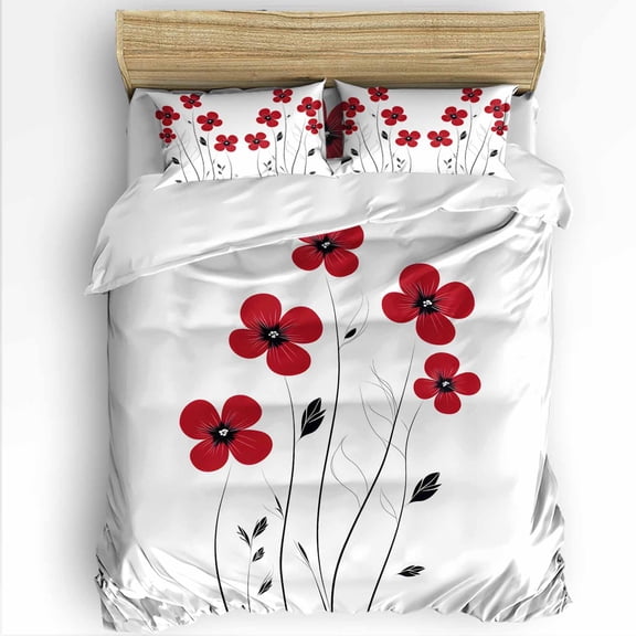 Red Flower Full Size Comforter Set, Floral Plant Soft Bedding for All Seasons, 4 Pcs Bed Set with 1Comforter (86"x86") ,1 Sheet(80"x116"), 2 Pillowcases (19"x29")