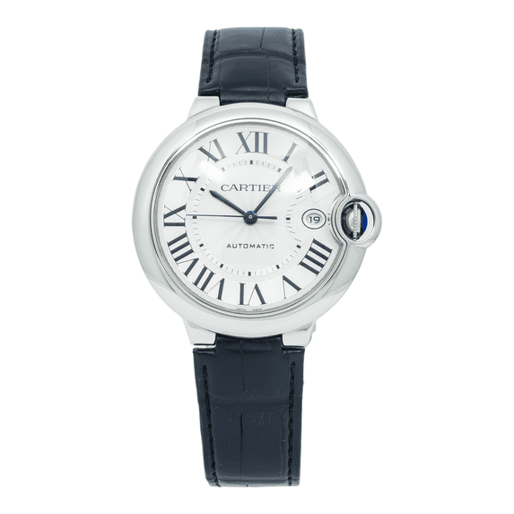 Pre-Owned Cartier Ballon Bleu 36MM WSBB0028 Silver Roman Dial Black Leather Strap