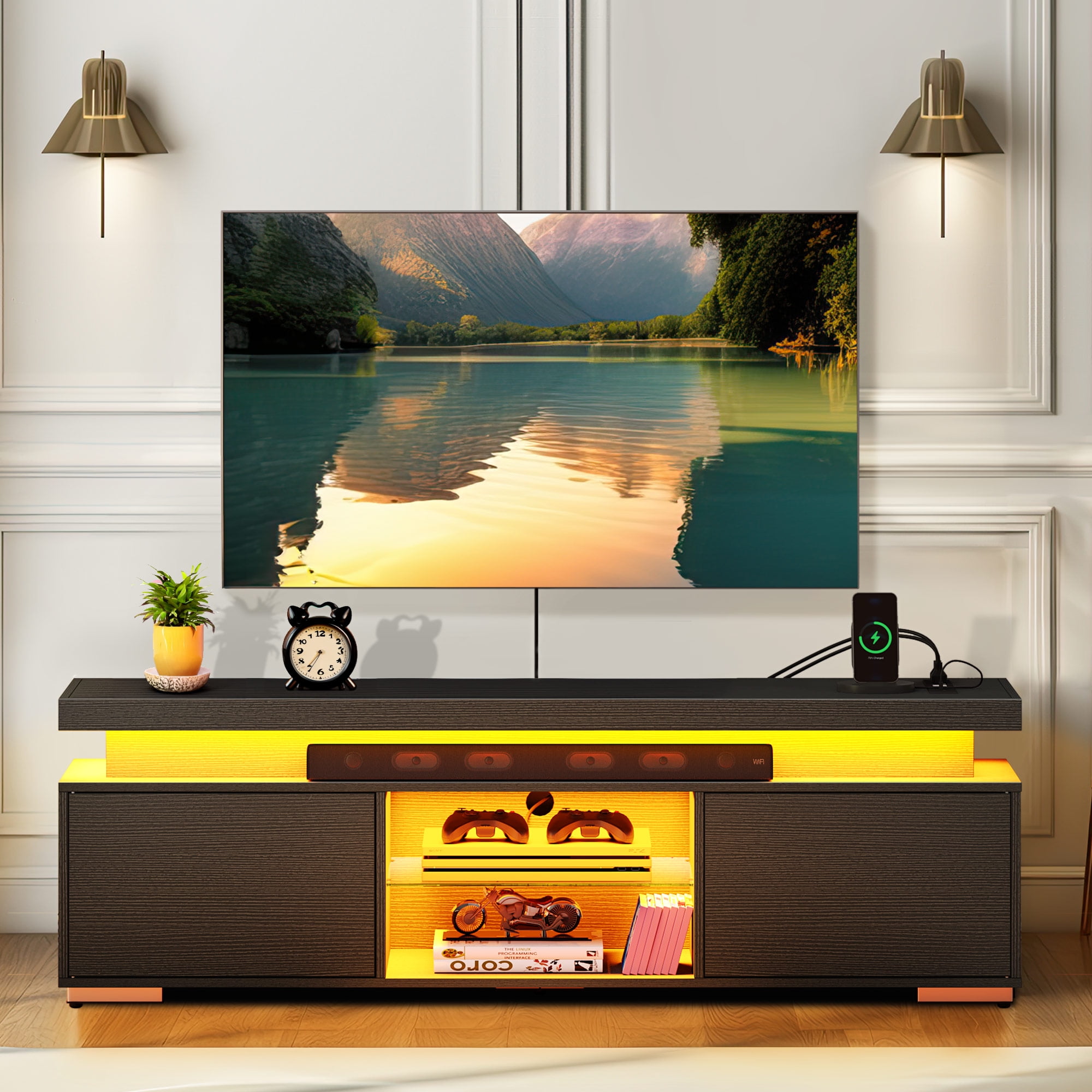 Dextrus LED TV Stand Entertainment Center with Power Outlets for 55/60/65 inch TVs, Black