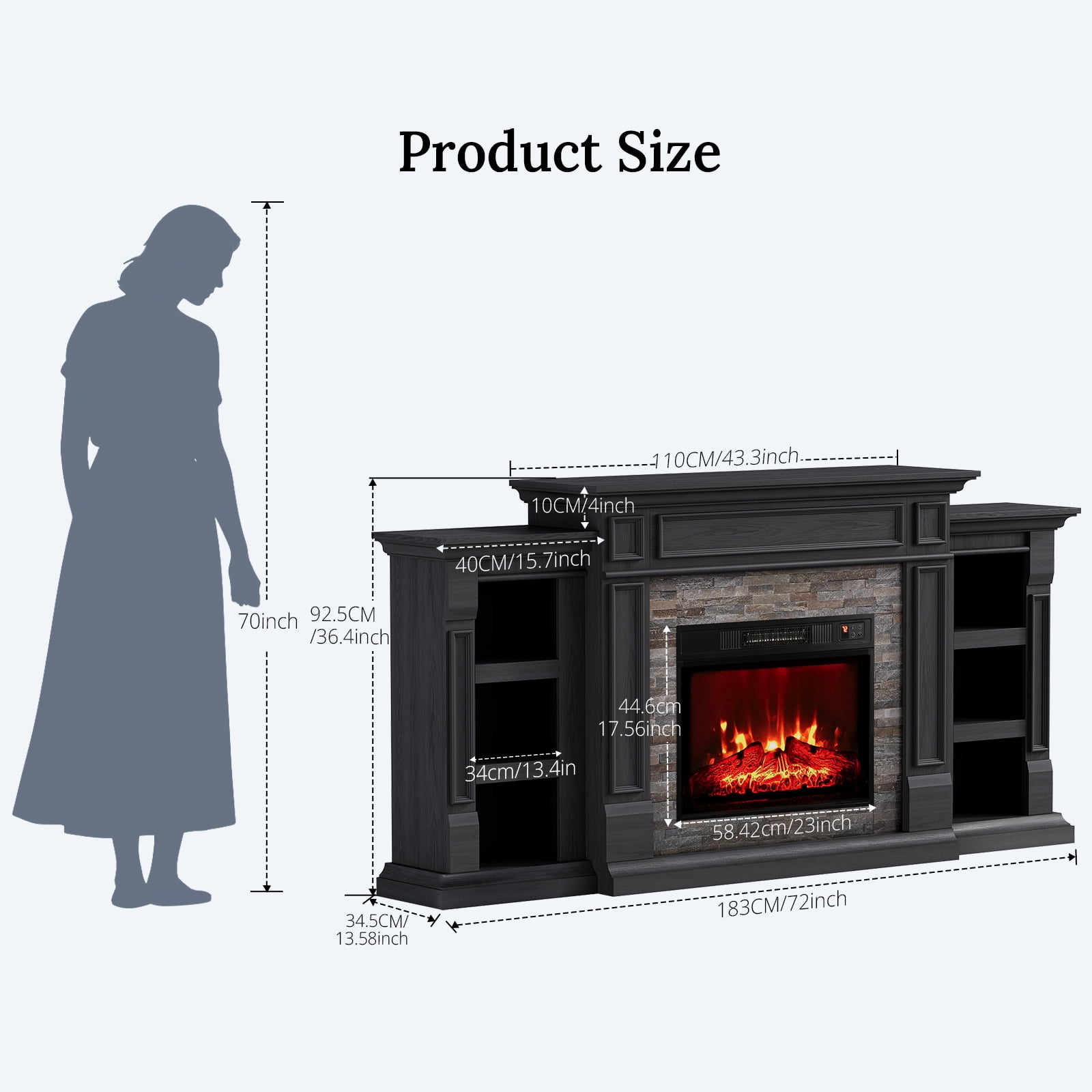 Holliwill 72" Electric Fireplace with Mantel, Farmhouse TV Stand for TVs up to 80", Entertainment Center with 23" Fireplace Insert Heater for Living Room, Bedroom, Black