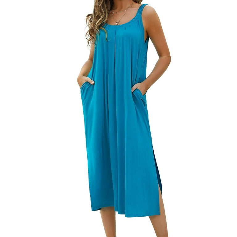 NEBZCIV Women's Casual Summer Sleeveless Long Maxi Dresses Split Beach Dress with Pockets Lounge Sleepwear Nightgown, Size: Medium, Blue