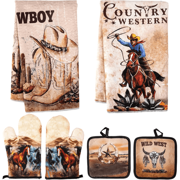 HNYG Western Kitchen Towels, 6Pcs Cowboy Western Kitchen Decor Set, Printed Oven Mitts Pot Holders, Country Style Home Kitchen Accessories for Cooking Baking Grilling