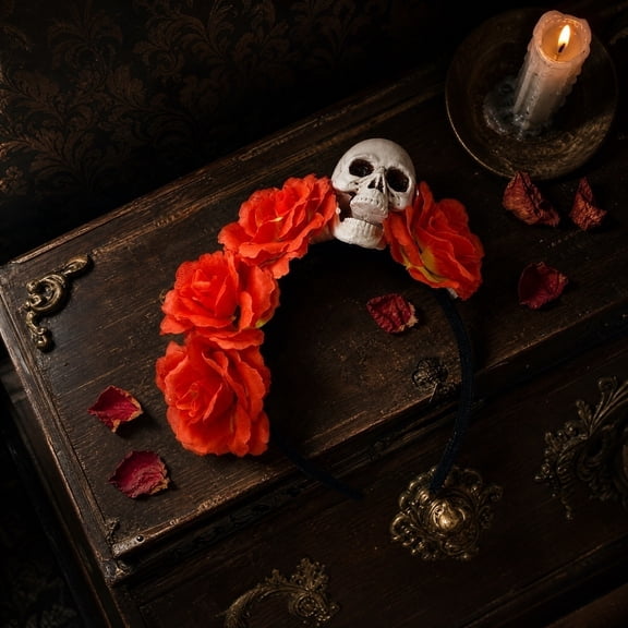 Gothic Halloween Accessory, Dia de Los Muertos Vibrant Orange Floral Headband, Spooky Halloween Decorations Plastic Skull Party Headpiece, Floral Party Decor Festive Accent, 8