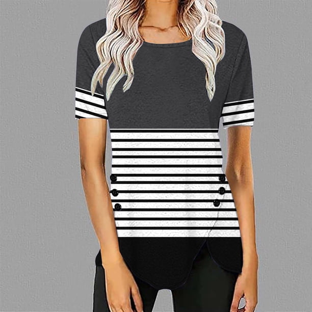 Fiudx Ofertas Flash Del Día Solo En Línea Blusa Casual de Manga Corta con Estampado de Botones para Mujer, Blusa/Camisa de Cuello Redondo de Manga Corta