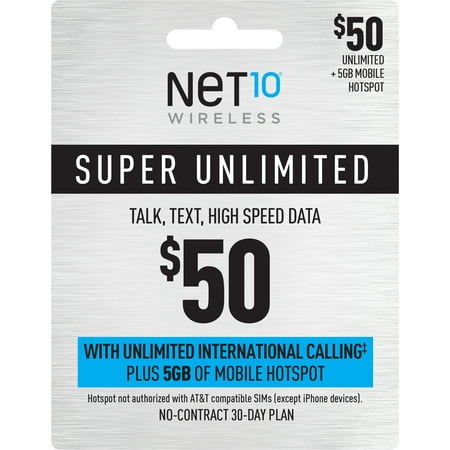 NET10 Wireless $50 Super Unlimited Talk, Text, Data 30 Day Plan with Int'l Calling Credit + 5GB of Mobile Hotspot e-Pin Top Up (Email Delivery)