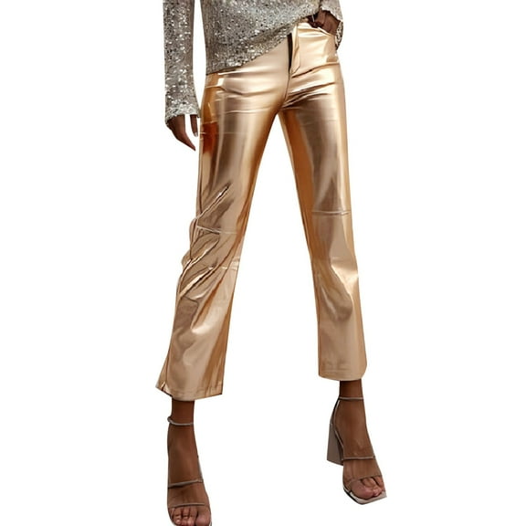 Fsqjgq Women's Pants Vacation Bottoms Boho Pants for Women Gold Black Work Pants for Women 2024 Fashion Casual PU Pants Straight Leather Pants Solid Pants Cargo Pants Wide Leg Trousers L