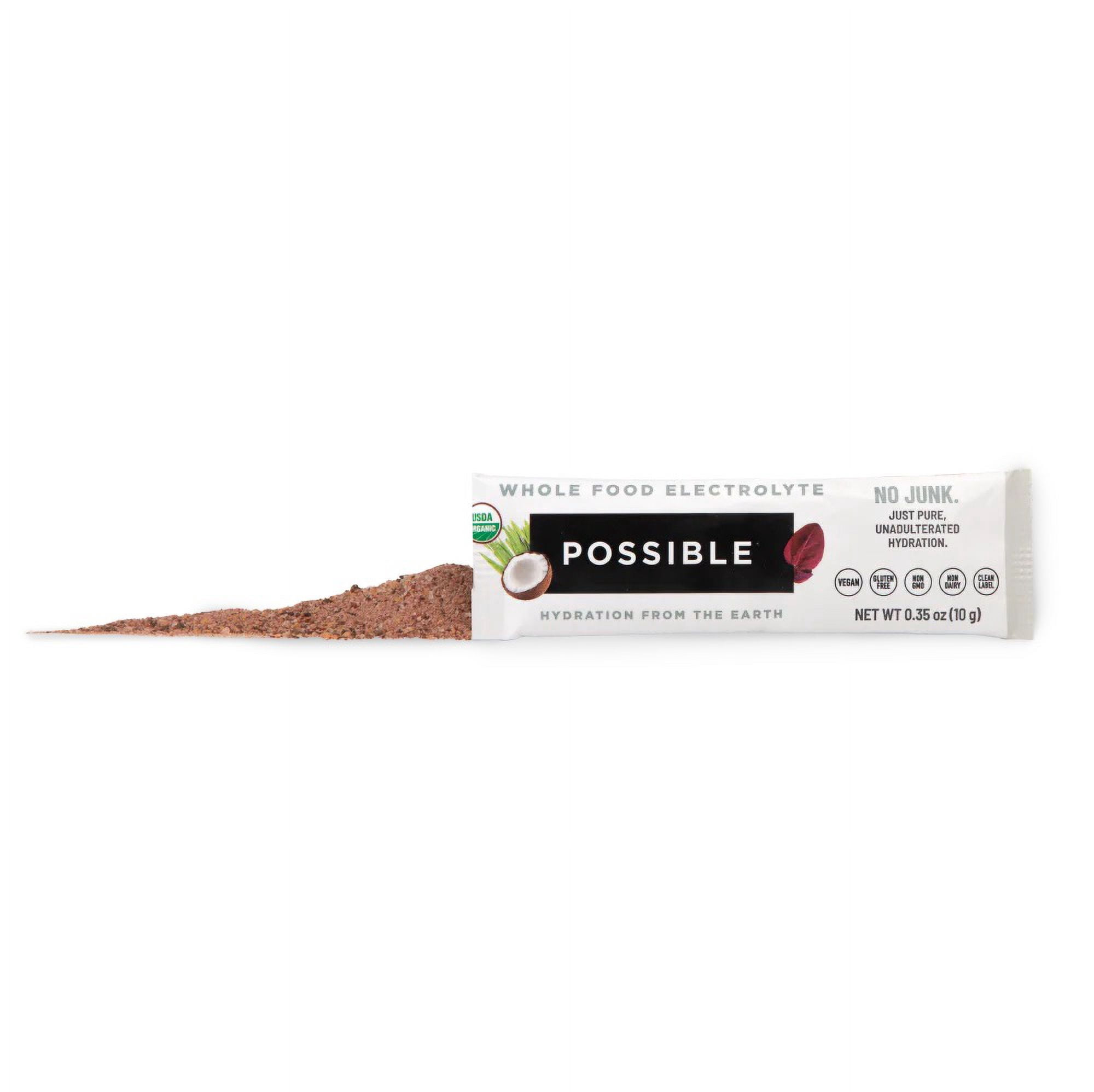 Possible Whole Food Electrolyte, whole-food-based solution free from artificial sweeteners, flavors, synthetic vitamins, or preservatives. Powder, 20 stick packs