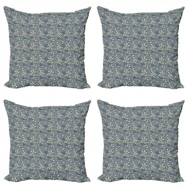 Ambesonne Floral Throw Pillow Cover 4 Pack, Greyscale Simplistic Flowers, 20", Dark Grey Blue Grey