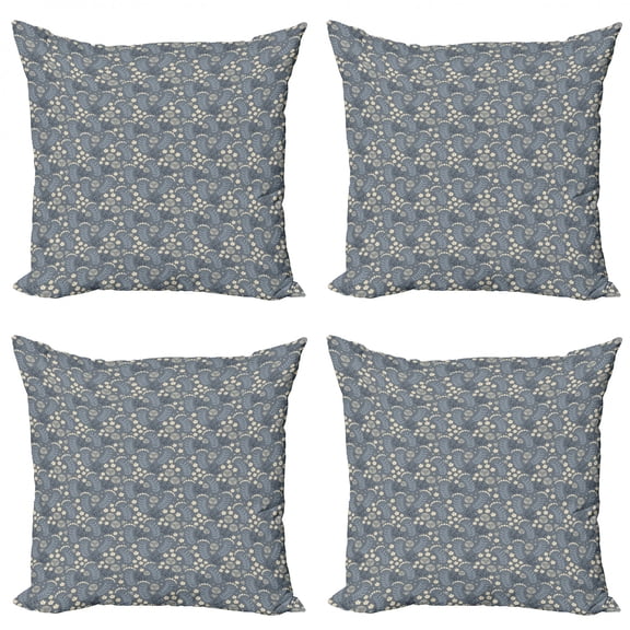 Ambesonne Floral Throw Pillow Cover 4 Pack, Greyscale Simplistic Flowers, 20", Dark Grey Blue Grey
