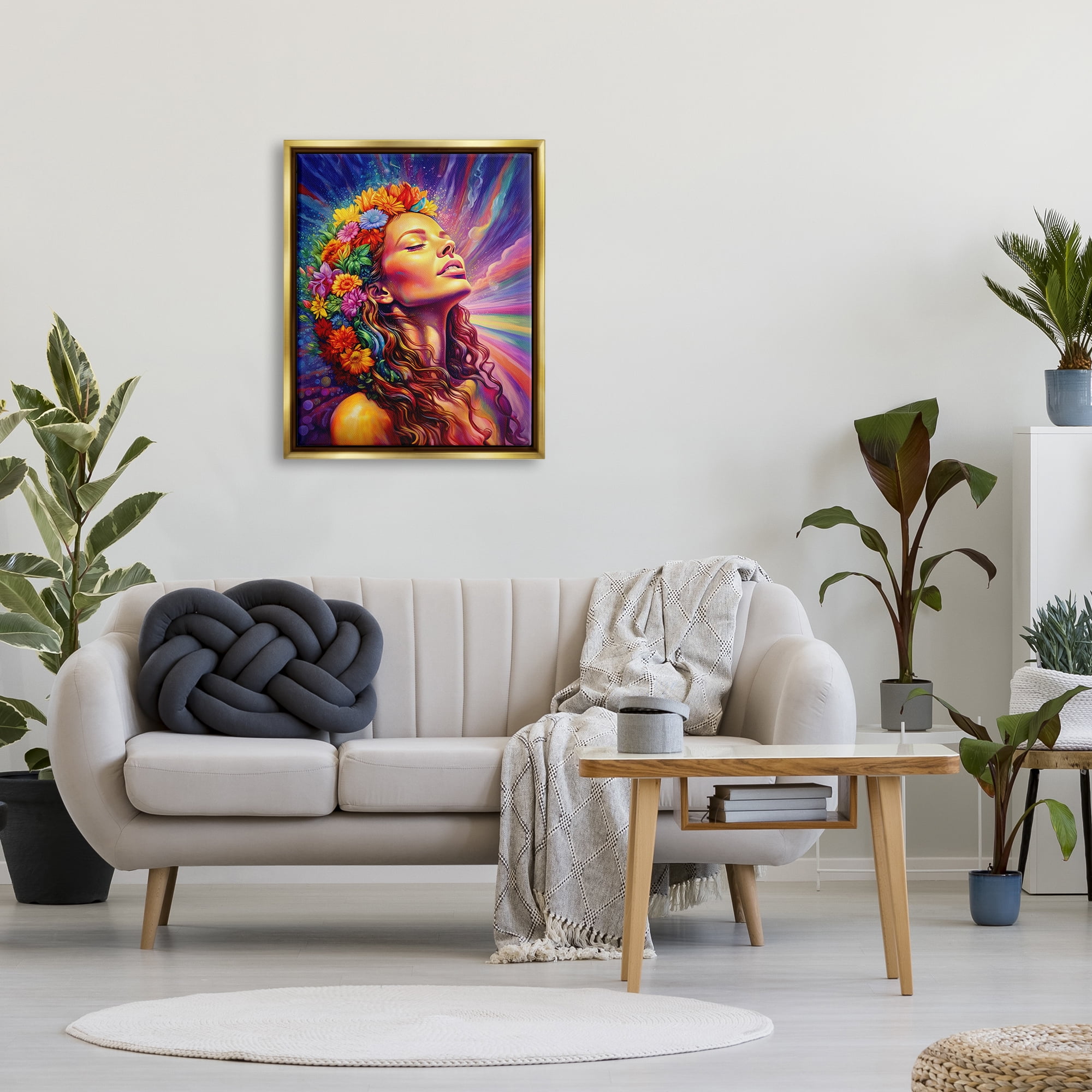 Stupell Industries Woman with Floral Garland Botanical & Floral Painting Gold Floater Framed Canvas Art Print Wall Art, 25 x 31