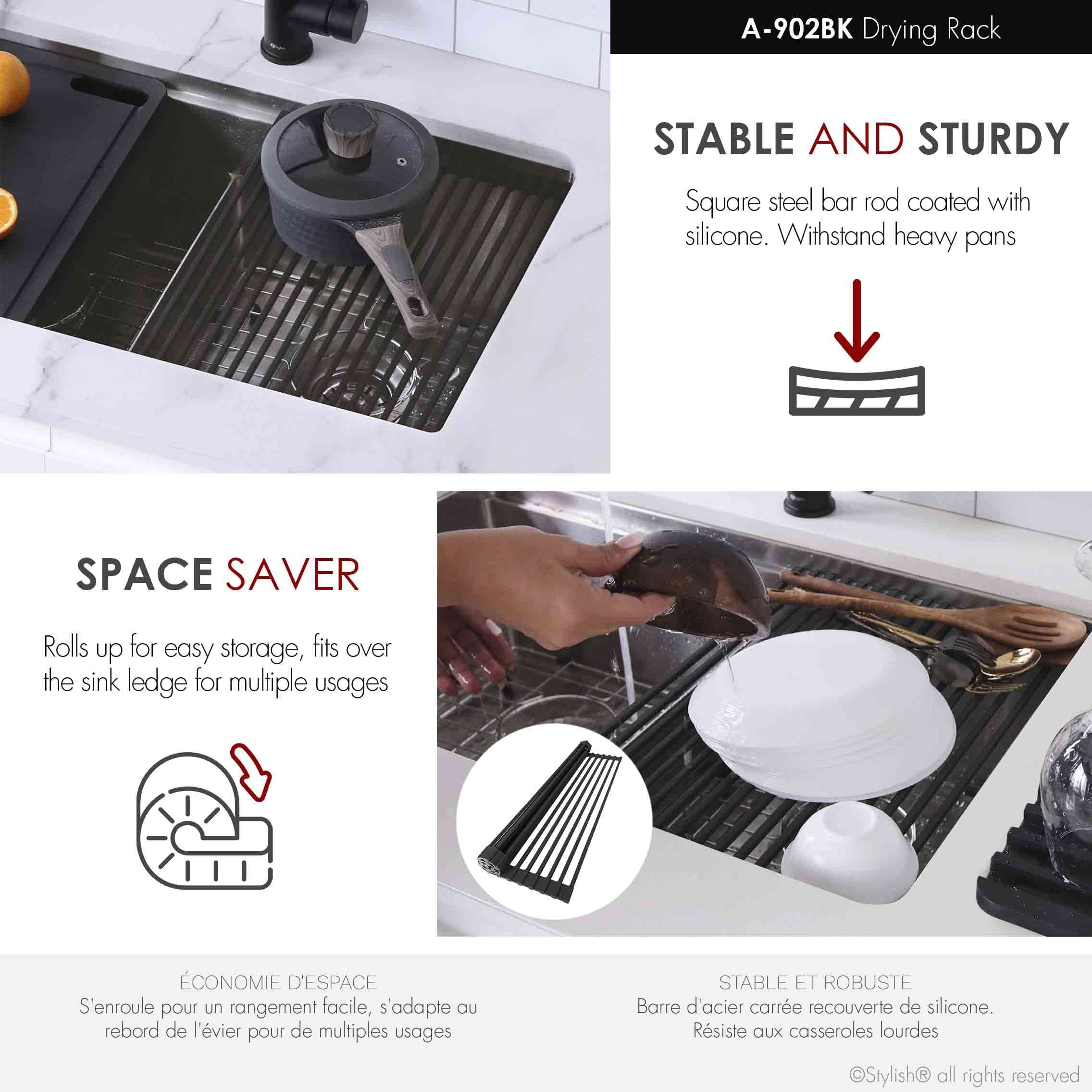 Stylish Stainless Steel Colander (16 ⅞" x 5 ½"), Black Silicone Drying Rack (16 ¾" x 13 ⅛") & Black Cutting Board (16 ⅞" x 11"), A-918KIT