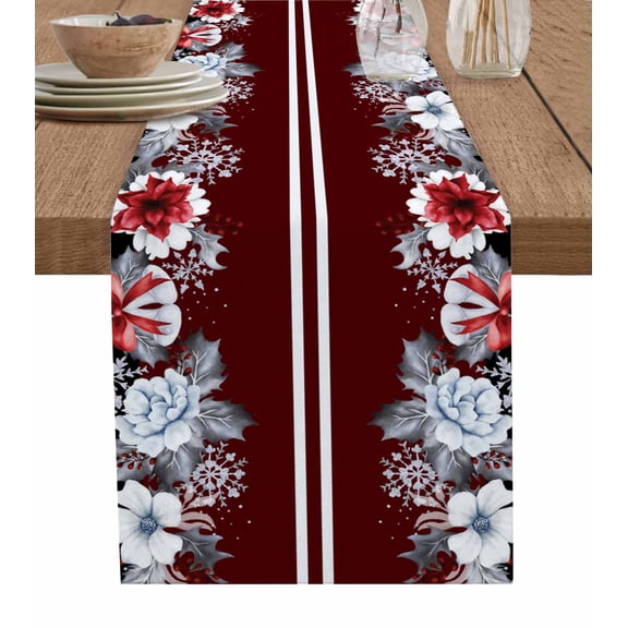 Red Christmas Burlap-Cotton Table Runner 72 Inches Long,Xmas Poinsettia Botanical Striped Farmhouse Table Runners,Outdoor Dining Tablecloths Decor for Baby Shower Party Wedding 18x72