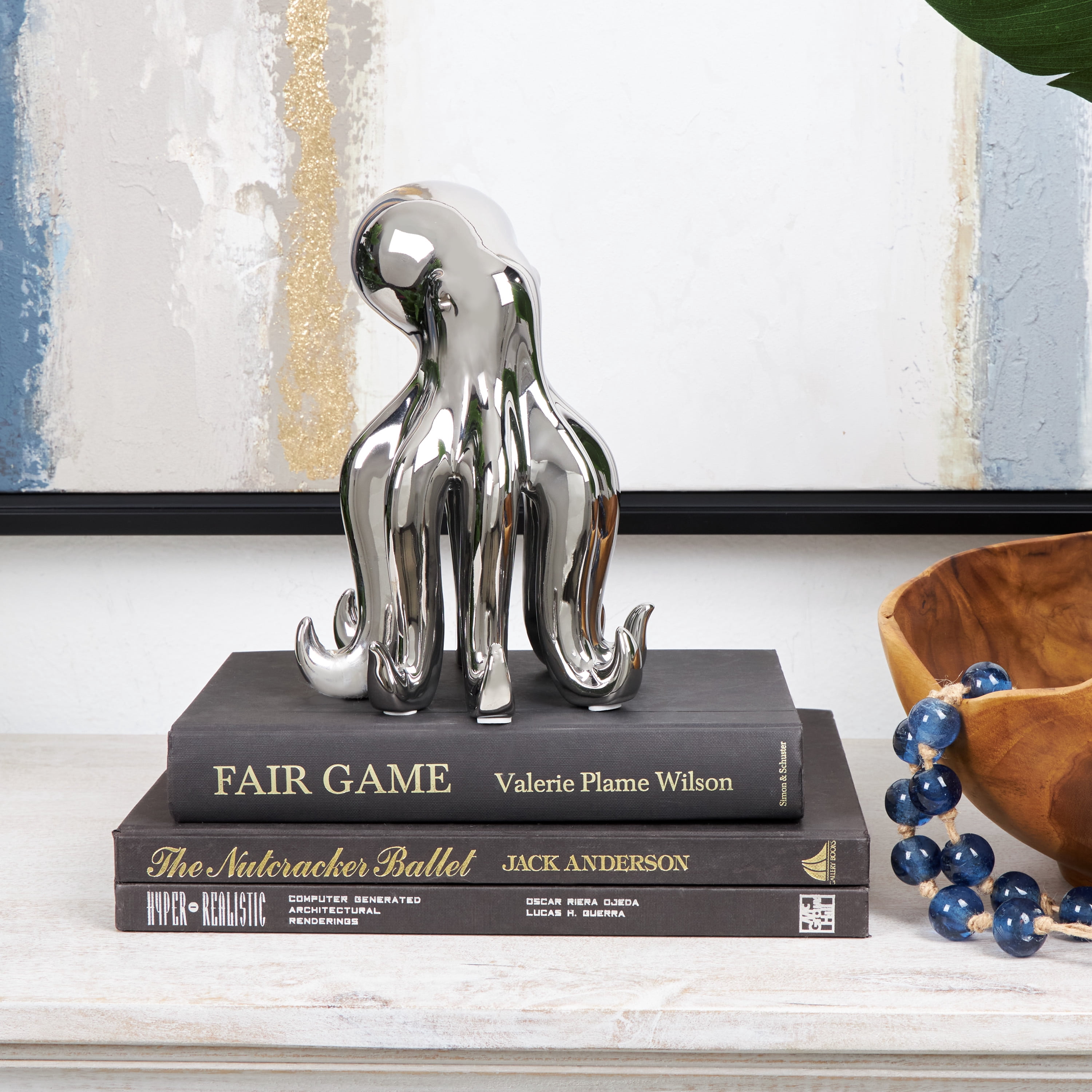 6" x 8" Silver Ceramic Standing Octopus Sculpture, by DecMode