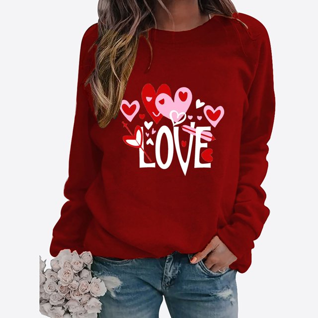 Meichang T-Shirts Graphiques pour Femmes, Manches Longues, Col Rond, Coupe Ample, Cadeaux de Saint-Valentin