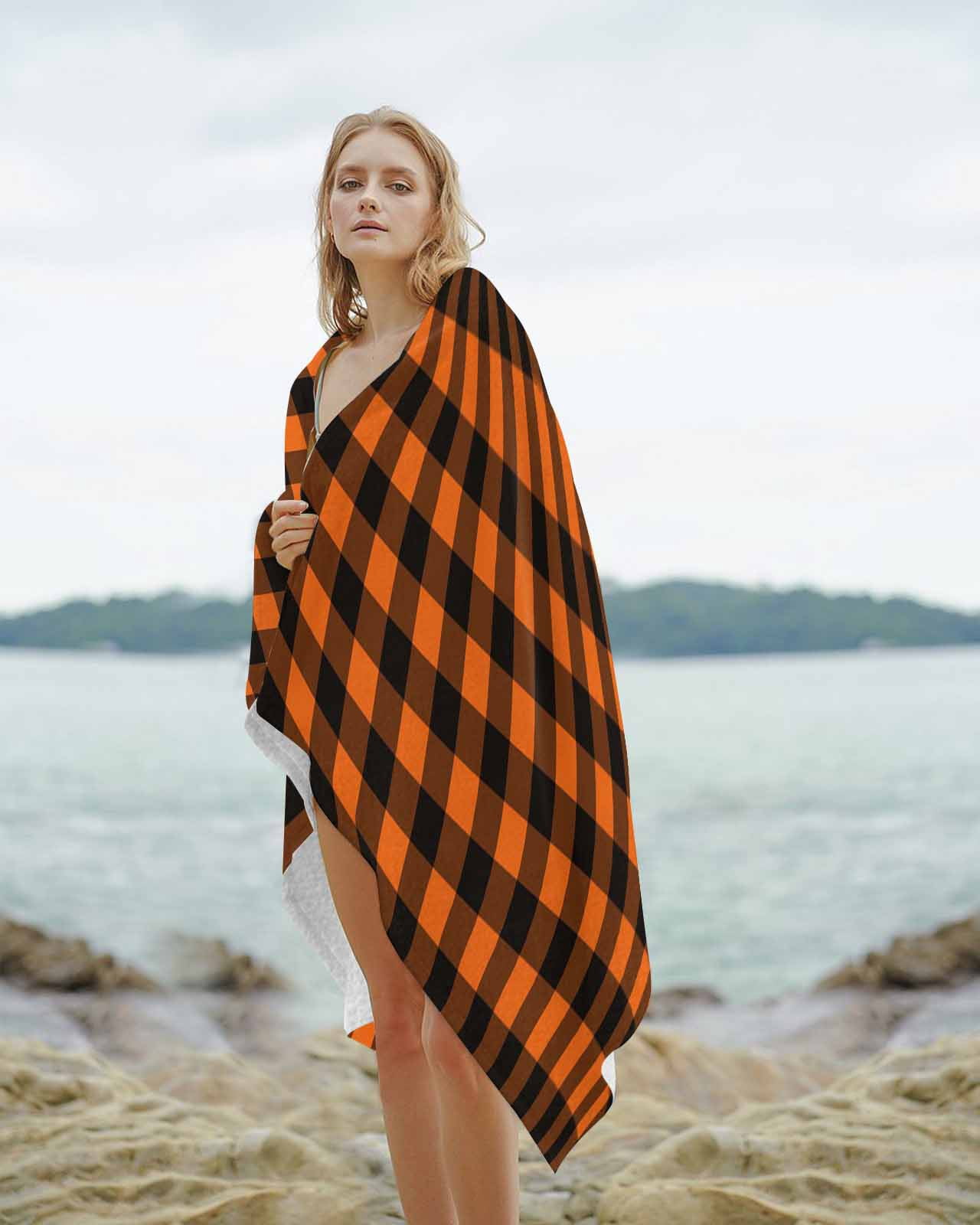 Black Orange Plaid Beach Towels Oversized Super Absorbent, Farmhouse Buffalo Check Gingham Lightweight Bath Towel Quick Dry Sets For Bathroom/Pool/Rv Camping/Beach Play/Gym Room/Picnic 31"x62"