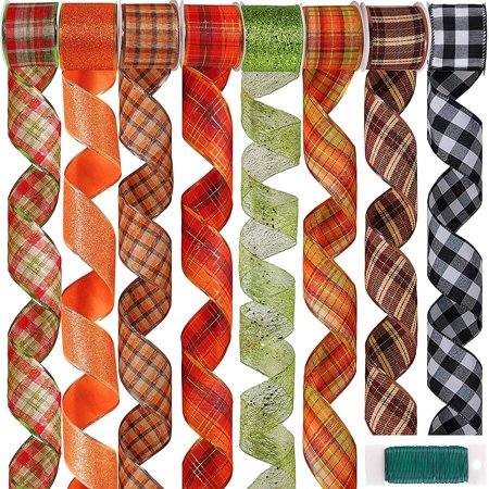 FanShow8 Rolls 48 Yards Assorted Fall Plaid Wired Ribbons Buffalo Check ...