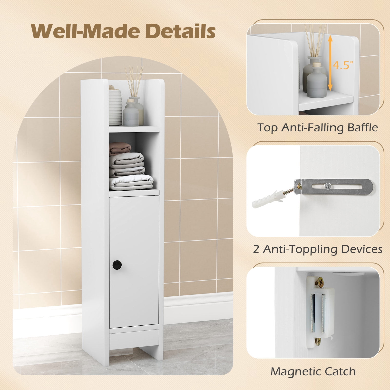Topbuy Bathroom Storage Cabinet Small Corner Floor Cabinet with Door and Adjustable Shelves Toilet Paper Holder Stand White