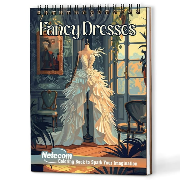Netecom Fancy Dresses Coloring Book Spiral Bound for Adults, A5 Wooden Cover, 30 Stunning Coloring Pages of Beautiful Dress for Stress Relief and Relaxation