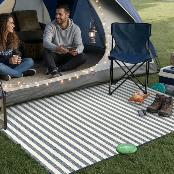 BERTHMEER Outdoor Rugs 5'x8' on Sale Clearance Waterproof Plastic Reversible Patio Rugs Modern Geometric Stripes Rugs Lightweight Straw Carpets for RV Camping Deck Balcony Porch,Blue Multi White