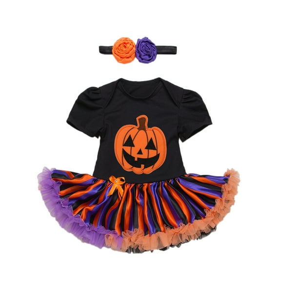 StylesILove Infant Baby Girl Halloween Short Sleeve Cotton Romper Tutu Party Dress and Headband 2 pcs Outfit Set (S/0-3 Months, Black)