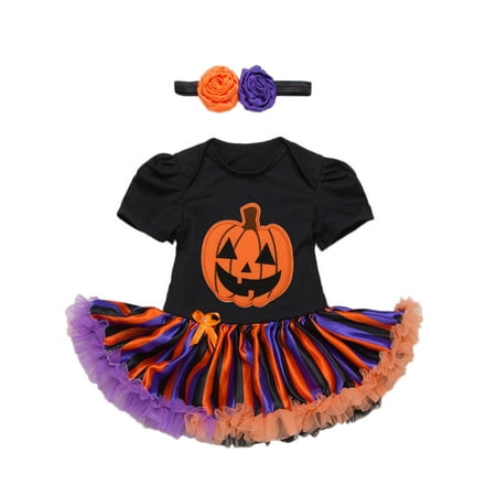 StylesILove Infant Baby Girl Halloween Short Sleeve Cotton Romper Tutu Party Dress and Headband 2 pcs Outfit Set (S/0-3 Months,