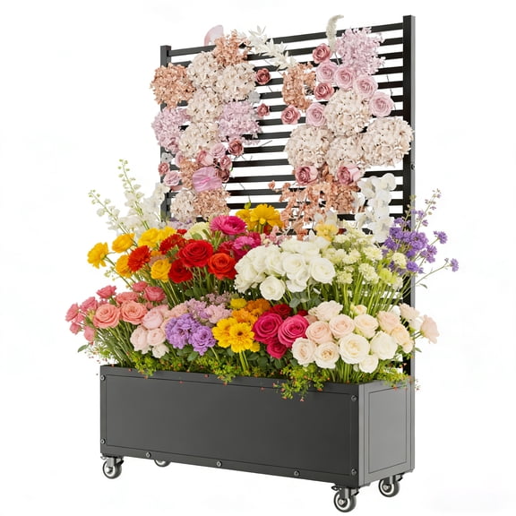 HOHYN Mobile Metal Planter Box with Trellis & Wheels | Privacy Planters for Patio | Outdoor Raised Garden Bed for Climbing Plants, Vegetables, Vines (Black, Louvered)