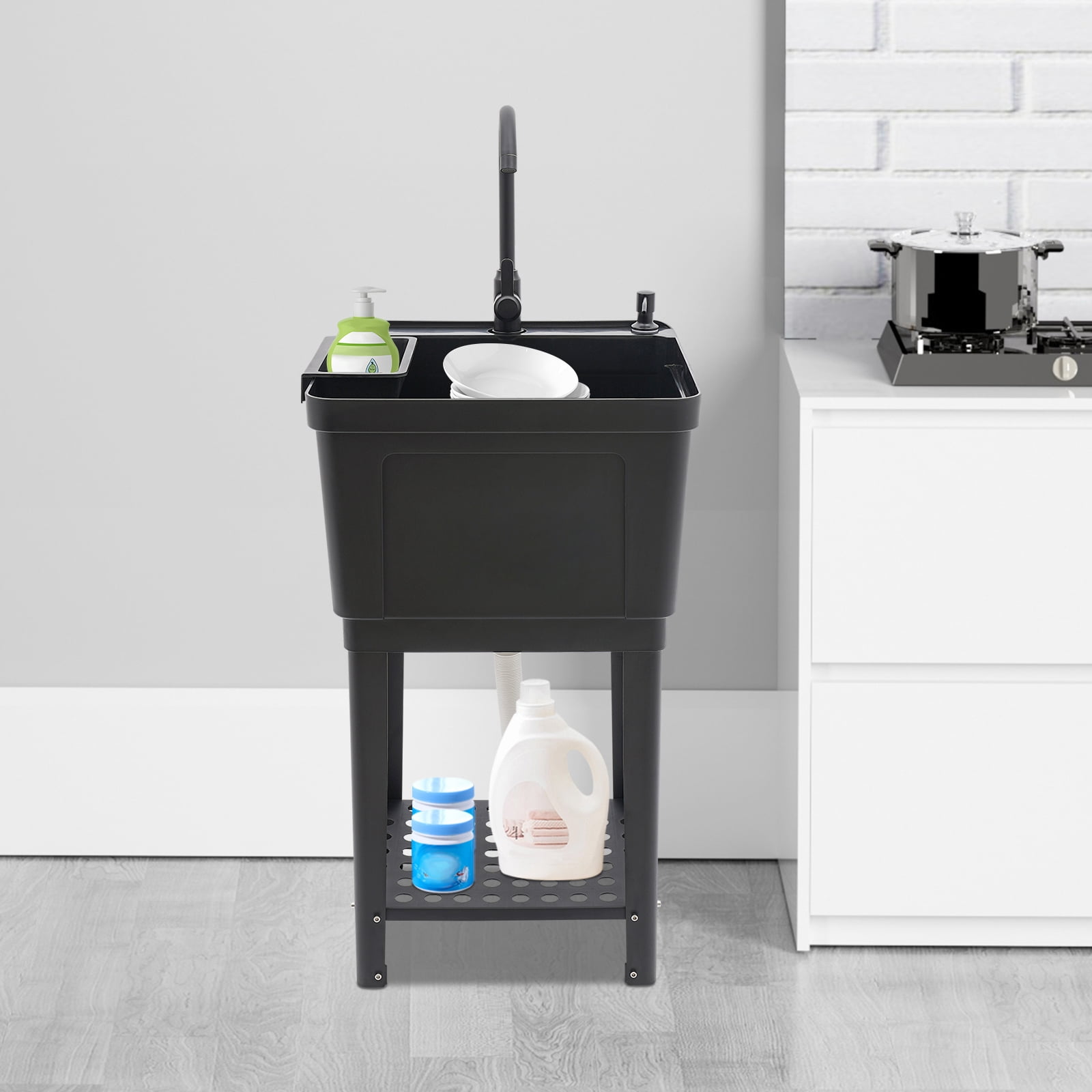 Modern Freestanding Sink, Black Laundry Sink, Square Utility Sink for Laundry, Bathrooms, Sundry Rooms, Garages, Basements, Balconies, Courtyards, Gardens