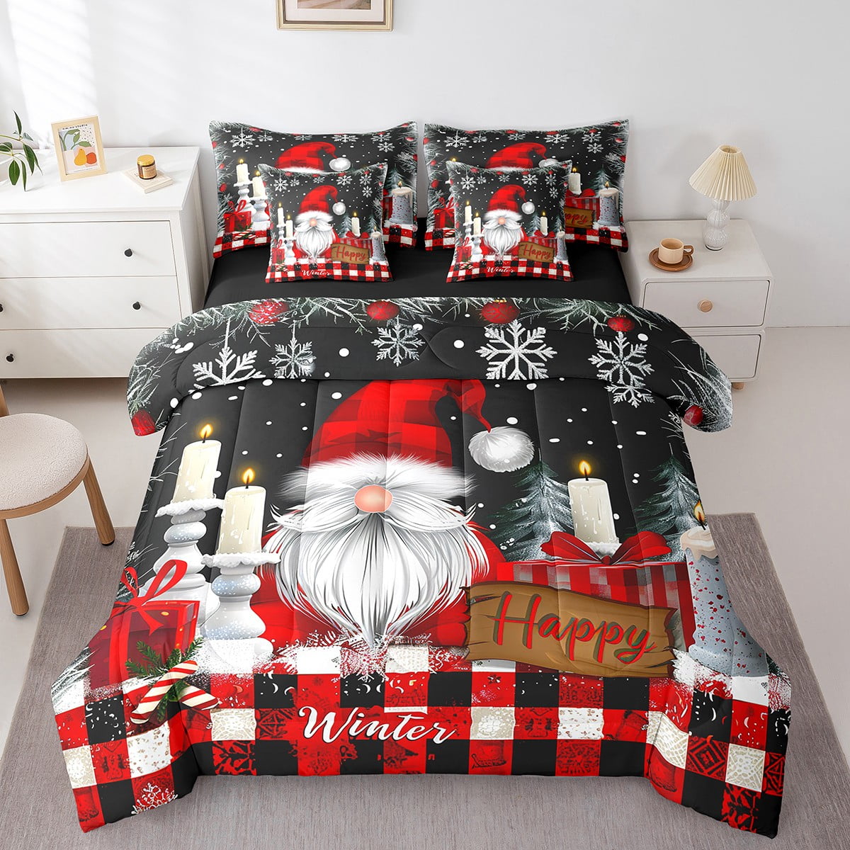 YST Queen Merry Christmas Comforter Set 7 Pieces Kids Xmas Gnome Reversible Bed In A Bag Cartoon Santa Claus Bedding Set Snowflake New Year Comforter Flat Sheet Fitted Sheet Pillowcases Walmart