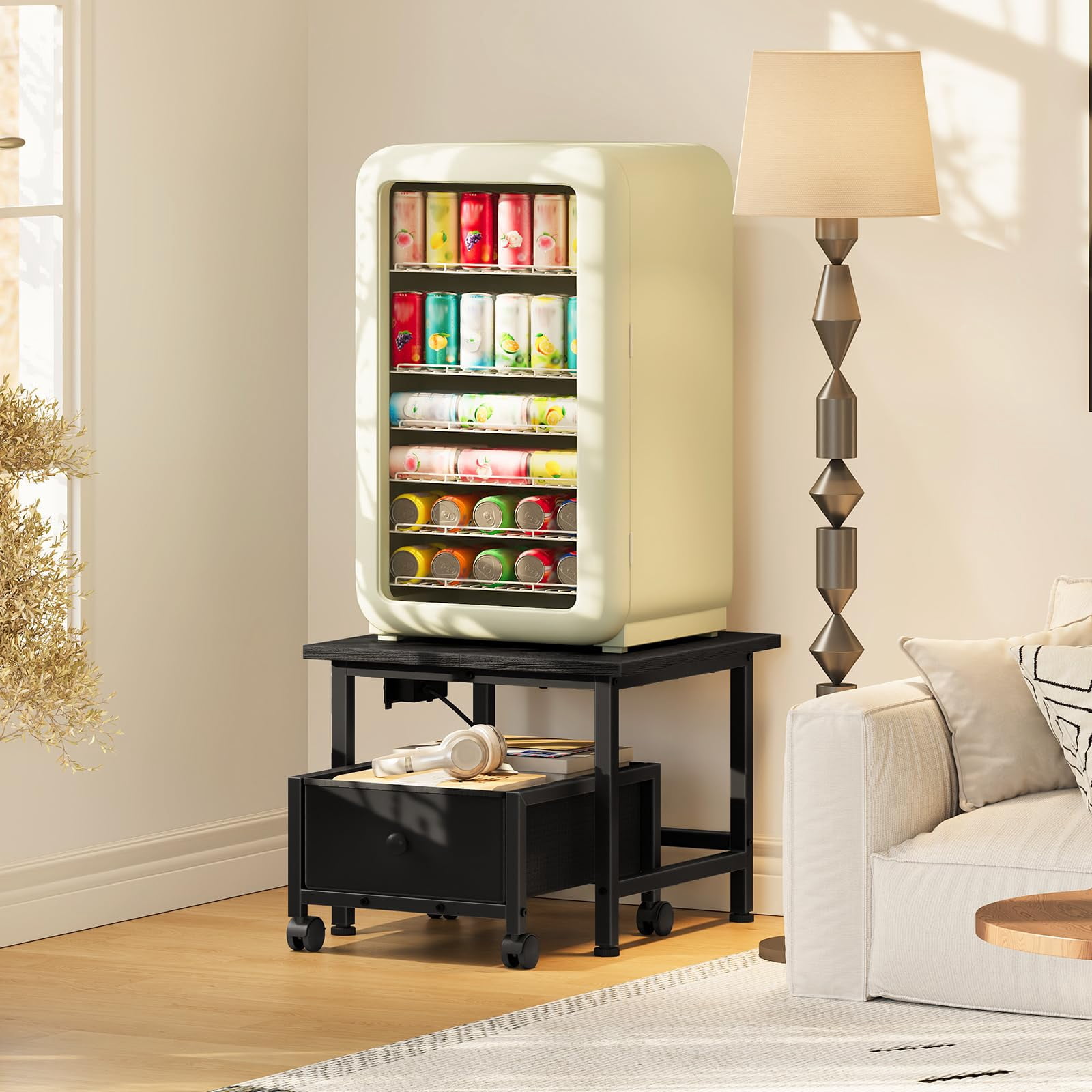 HOOBRO Mini Fridge Stand with Non-Woven Storage Basket and Power Outlet, Mini Fridge Cabinet with Wheels and Adjustable Feet, Mobile Fridge Shelf, for Home, Apartment, Dorm, Black BB355UBX01