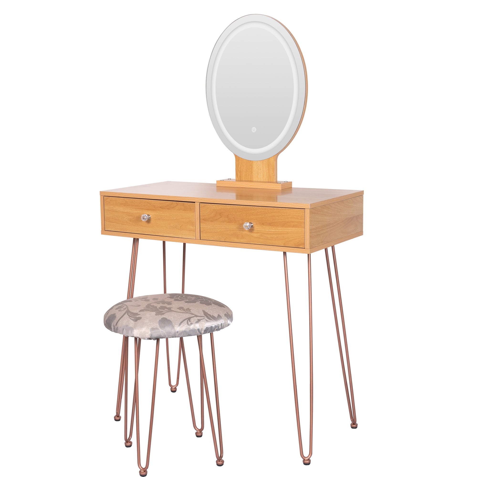 Spaco Modern Dressing Table with 3 Color Lighting Brightness Adjustable, Vanity Desk with 2 Wood Cosmetic Table Chest of Drawers and Gray Padded Stool, Nature Spaco Modern Dressing Table with 3 Color Lighting Brightness Adjustable, Vanity Desk with 2 Wood Cosmetic Table Chest of Drawers and Gray Padded Stool, Nature