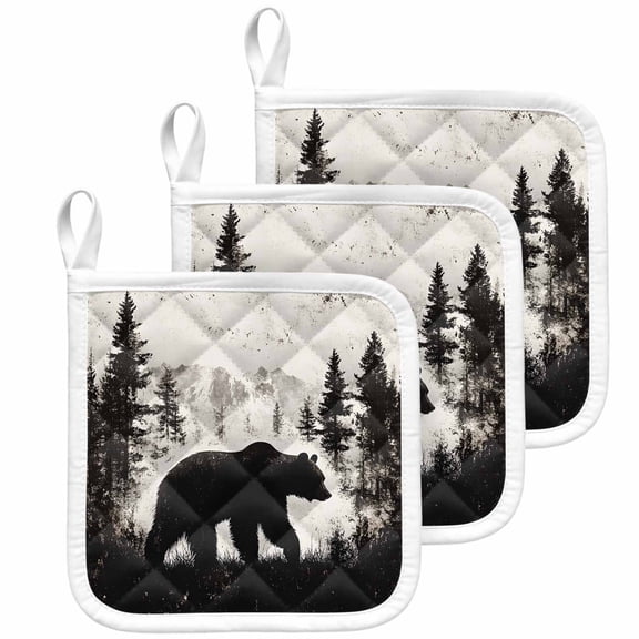 Rustic Bear Pot Holders for Kitchen Heatproof Potholder, 3 Pack Vintage Country Wildlife Forest Mountains Hot Pads Multipurpose Oven Pads Cloth Potholders Trivet for Cooking Baking