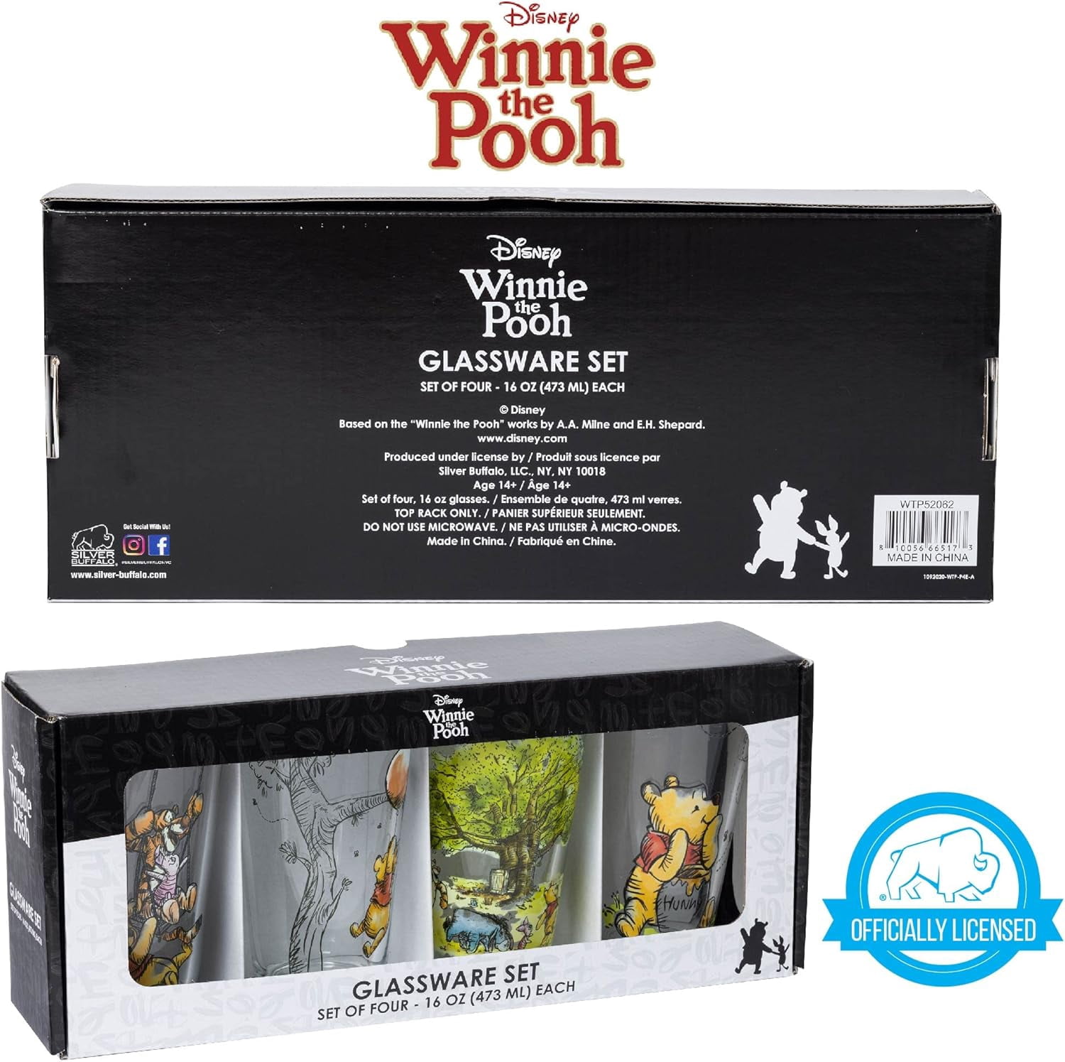 Silver Buffalo Disney's Winnie the Pooh Painted Scenes 4pc Pint Glass Set, 16 Ounces