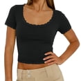 thumbnail image 2 of ClodeEU Women's Square Neck Short Sleeve Crop Tee, Casual Solid Color Slim Fit Ribbed T-Shirt Black,Women's Plus L, 2 of 5