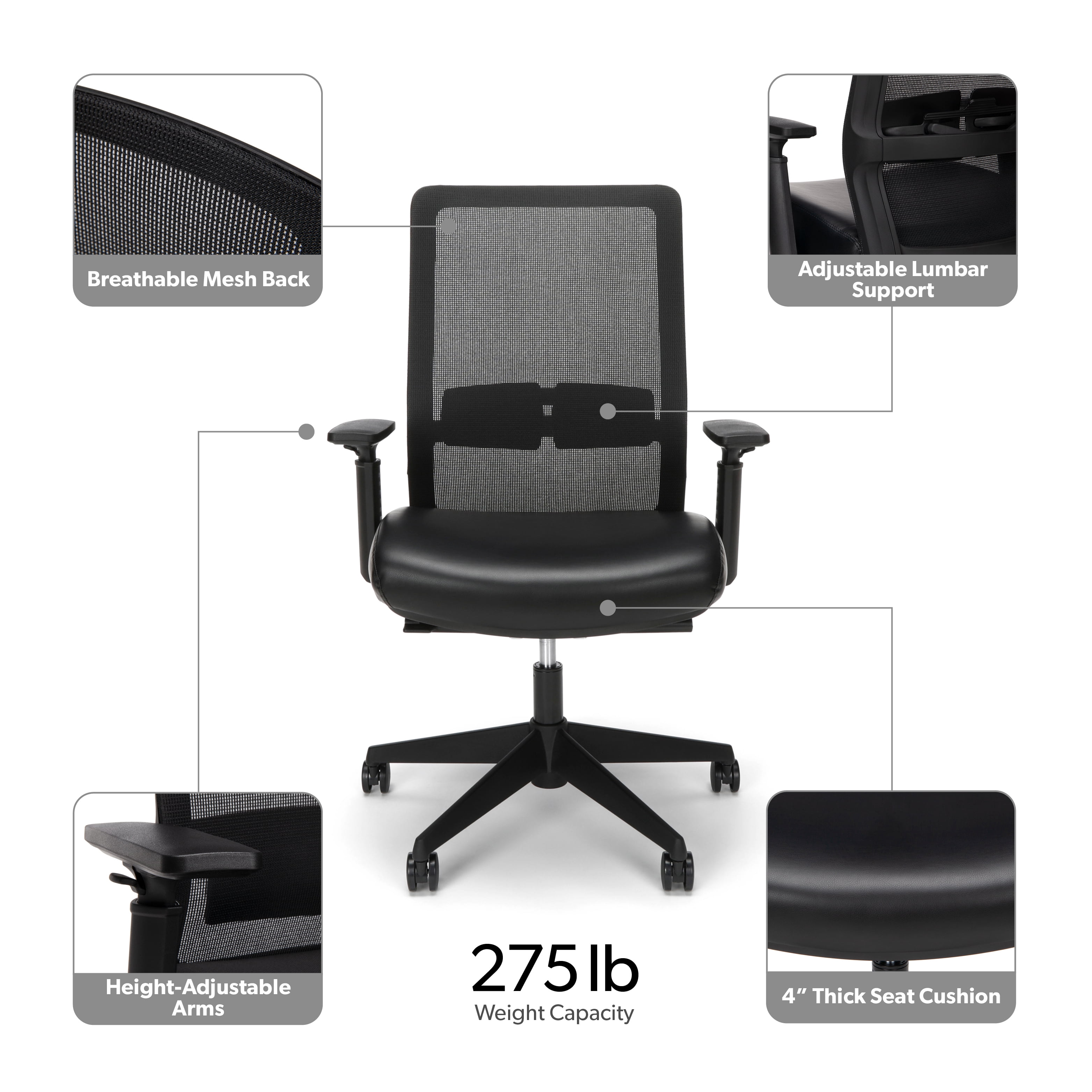 HON Basyx Biometryx Commercial-Grade Mesh Back with Bonded Leather Seat Task Chair, Office Chair, in Black (BSX155SB11T)